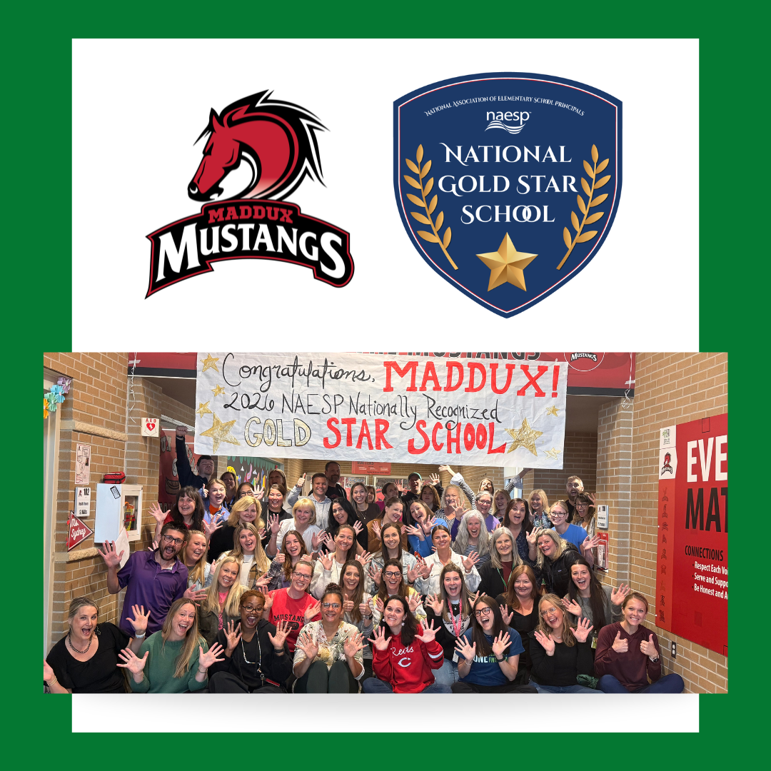 group photo of Maddux staff with banner, Maddux logo, and the National Gold Star School logo